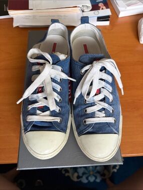 PRADA SIZE 37 BLUE SUEDE RUBBER OUTSOLE